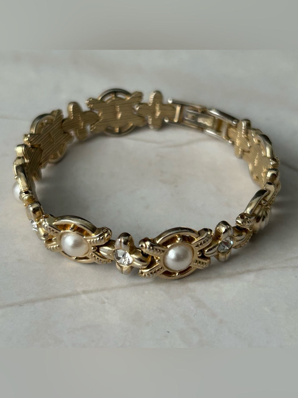 Gold-Tone Pearl and Crystal Link Bracelet